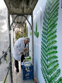 <p>Eine mit den unterschiedlichsten Blättern – von Feige bis Stechpalme und Hanf – bemalte Hausfassade stellt die Artenvielfalt in den Vordergrund, aber…</p>